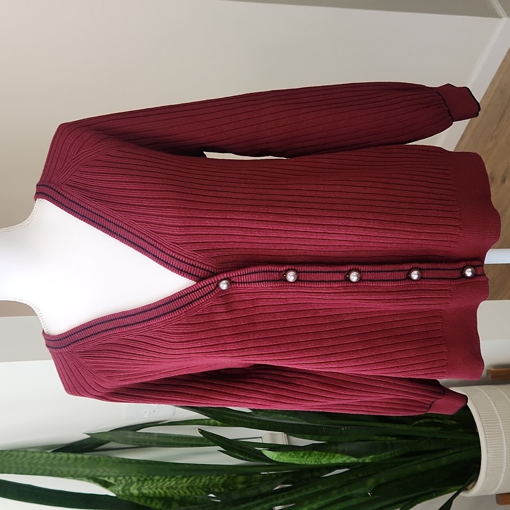 Talbots V-Neck Cardigan Sweater Ribbed & Tipped Pearl Buttons Preppy Maroon 1X